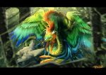  2017 ambiguous_gender avian beak black_bars black_beak detailed_background digital_media_(artwork) duo feathered_serpent feathered_wings feathers feral green_feathers gryphon jungle quetzalcoatl_(species) ravoilie reptile scalie snake standing white_feathers wings 