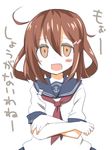  anchor_symbol brown_eyes brown_hair crossed_arms empty_eyes fang hair_ornament hairclip ikazuchi_(kantai_collection) junako kantai_collection looking_at_viewer neckerchief open_mouth red_neckwear school_uniform serafuku short_hair solo translated 