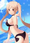  ass bare_arms bare_shoulders bikini breasts cloud commentary cowboy_shot day dutch_angle eyebrows_visible_through_hair highres horizon kantai_collection large_breasts light_brown_hair long_hair looking_at_viewer looking_back murasame_(kantai_collection) ocean outdoors red_eyes sky smile solo strap_gap swimsuit twintails water zuihou_(hechen121) 