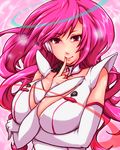  ahoge bemani between_breasts breasts chihiru cleavage detached_sleeves finger_to_mouth gloves hand_between_breasts headphones large_breasts lips long_hair looking_at_viewer pink_eyes pink_hair rasis single_glove smile solo sound_voltex very_long_hair 