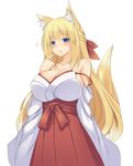  :p animal_ears bare_shoulders blonde_hair blue_eyes blush breasts cleavage collarbone fox_ears fox_tail hair_ribbon hakama highres huge_breasts japanese_clothes kosen_dream long_hair looking_at_viewer miko neptune_(series) red_hakama ribbon simple_background smile solo strap_slip tail tongue tongue_out vert white_background 