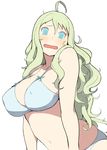  @_@ accio ahoge bikini blue_bikini blue_eyes breasts covered_nipples green_hair hair_between_eyes large_breasts long_hair looking_at_viewer navel open_clothes original sidelocks simple_background solo strap_gap swimsuit wavy_mouth white_background 
