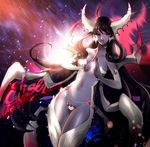  alternate_costume backlighting black_hair blurry character_name depth_of_field elise_(league_of_legends) forehead_jewel highres horns league_of_legends lens_flare long_hair midriff nal_(nal's_pudding) navel red_eyes revealing_clothes signature silk solo spider_legs spider_web very_long_hair 