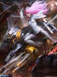  bad_deviantart_id bad_id battle blue_eyes breasts building cape chaos_drive cityscape explosion flying gun handgun judith_(chaos_drive) kilart long_hair mecha medium_breasts missile motion_blur pink_hair realistic rocket_launcher science_fiction standing_on_shoulder weapon 