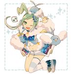  ;d aqua_hair aqua_nails arm_warmers asymmetrical_hair bad_id bad_pixiv_id choker earrings eighth_note full_body fur_collar gen_3_pokemon hair_ornament idol jewelry leg_warmers long_hair looking_at_viewer lucia_(pokemon) midriff mochi730 musical_note nail_polish navel one_eye_closed open_mouth pokemon pokemon_(creature) pokemon_(game) pokemon_oras shorts showgirl_skirt sidelocks single_thighhigh smile spoken_musical_note striped striped_legwear swablu thighhighs v 