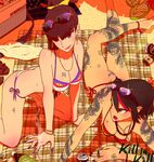  adapted_costume alternate_hairstyle arm_support beach beach_towel bikini black_hair bottle bracelet breasts can cigarette cleavage earrings eyewear_on_head highres jewelry junketsu kill_la_kill kiryuuin_satsuki lips matoi_ryuuko medium_breasts moke-re-mubenbe multiple_girls nail_art nail_polish necklace ponytail ring senketsu sunglasses swimsuit tattoo towel wet 