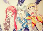  2boys blonde_hair circlet closed_eyes commentary_request fire_emblem fire_emblem_if highres lazward_(fire_emblem_if) luna_(fire_emblem_if) multiple_boys odin_(fire_emblem_if) red_hair silver_hair twintails 
