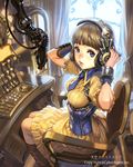  bangs blue_eyes brown_hair chair copyright_name corset curtains hands_on_headphones headphones indoors lips looking_at_viewer microphone short_hair sitting skirt solo steampunk sunkist tenkuu_no_crystalia underbust window 