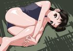  bad_id bad_pixiv_id black_hair braid brown_eyes legs long_hair lying on_side one-piece_swimsuit original rohitsuka school_swimsuit shiny solo swimsuit twin_braids twintails 