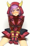  blush breasts covered_nipples fake_horns gloves highres hood hoodie horned_headwear kagari_(pokemon) large_breasts looking_at_viewer parted_lips pokemon pokemon_(game) pokemon_oras purple_eyes purple_hair rakkou ribbed_sweater short_hair sitting solo sweater team_magma uniform white_background 
