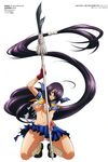  1girl blue_eyes breasts female ikkitousen kan&#039;u_unchou kan'u_unchou large_breasts long_hair official_art purple_hair simple_background solo spear torn_clothes underboob weapon 