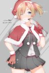  ;d bad_id bad_pixiv_id blonde_hair blue_eyes blush character_name christmas cowboy_shot gloves grey_background hat highres holly kantai_collection looking_at_viewer maikaze_(kantai_collection) one_eye_closed open_mouth pleated_skirt red_gloves santa_hat side_ponytail simple_background skirt smile solo suihei_sen twitter_username 