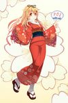  blonde_hair fang hair_flaps hair_ornament hair_ribbon hairclip japanese_clothes kantai_collection kimono long_hair obi red_eyes remodel_(kantai_collection) ribbon sandals sash scarf solo wide_sleeves xiaoyin_li yuudachi_(kantai_collection) 