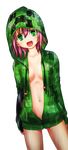  bottomless breasts cleavage creeparka creeper extraction green_eyes hood hoodie looking_at_viewer medium_breasts minecraft naked_hoodie navel open_clothes open_hoodie open_mouth pink_hair shirt transparent_background wet 