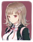  1girl artist_name backpack bag black_hoodie breasts closed_mouth commentary danganronpa eyebrows_visible_through_hair face flipped_hair frame hair_ornament hairclip hood hoodie large_breasts light_brown_hair long_eyelashes looking_at_viewer nanami_chiaki number open_eyes out_of_frame pink_background pink_eyes pink_ribbon ribbon shirt short_hair signature simple_background solo super_danganronpa_2 white_shirt yuri_(anachronic) 