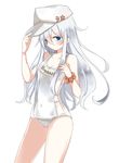  blue_eyes hat hibiki_(kantai_collection) kantai_collection long_hair motohara_moka name_tag old_school_swimsuit one-piece_swimsuit polka_dot polka_dot_scrunchie russian school_swimsuit scrunchie silver_hair solo swimsuit verniy_(kantai_collection) white_school_swimsuit white_swimsuit wrist_scrunchie 