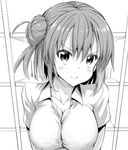  :i akino_sora blush bow breasts cleavage closed_mouth collared_shirt dithering dress_shirt furrowed_eyebrows greyscale hair_bow hair_bun large_breasts looking_at_viewer monochrome pout school_uniform shirt short_hair short_sleeves smile solo upper_body v-shaped_eyebrows wing_collar yahari_ore_no_seishun_lovecome_wa_machigatteiru. yuigahama_yui 