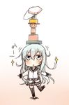  bad_id bad_twitter_id balancing_on_head black_legwear blue_eyes blue_hair blush commentary_request hat hat_removed headwear_removed hibiki_(kantai_collection) kantai_collection leg_up long_hair nonono_(mino) object_on_head solo thighhighs translated verniy_(kantai_collection) 