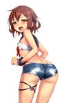  :d ass bandeau blush breasts brown_eyes brown_hair covered_nipples cowboy_shot cutoffs denim denim_shorts dimples_of_venus earrings fang from_behind g-string hair_ornament hairclip heart heart-shaped_lock heart-shaped_pupils heart_lock_(kantai_collection) highleg highleg_panties highres ikazuchi_(kantai_collection) jewelry kantai_collection leaning_forward lock looking_back open_mouth panties panty_pull pink_panties sailor_collar satou_kuuki see-through shiny shiny_clothes short_shorts shorts simple_background small_breasts smile solo strapless string_panties sweat symbol-shaped_pupils thigh_strap thong underwear whale_tail white_background wrist_cuffs 