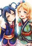  ayase_eli bare_shoulders blonde_hair blue_eyes blue_hair braid detached_sleeves japanese_clothes kimono love_live! love_live!_school_idol_project multiple_girls open_mouth sonoda_umi suito yellow_eyes 