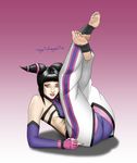  2015 barefoot black_hair breasts commentary detached_sleeves dirty_feet dudou feet fingerless_gloves full_body gloves han_juri legs_up lips looking_at_viewer lying middle_finger nail_polish nose on_back pants purple_eyes purple_legwear purple_nails short_hair short_twintails signature small_breasts soles solo street_fighter street_fighter_iv_(series) toeless_legwear tony_losoya twintails 