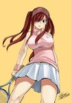  1girl bare_shoulders black_eyes blush breasts erza_scarlet fairy_tail female hair_over_one_eye large_breasts looking_at_viewer mashima_hiro official_art parted_lips red_hair simple_background solo tennis yellow_background 