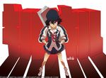  black_hair blue_eyes case copyright_name full_body gradient gradient_background hands_in_pockets kill_la_kill letterman_jacket looking_at_viewer matoi_ryuuko metalhanzo multicolored_hair raised_eyebrow shoes short_hair skirt sneakers solo two-tone_hair 