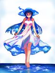  barefoot blue_eyes blue_hair blush breasts cloud dress hat highres kusanagi_tonbo large_breasts long_hair looking_at_viewer original ripples see-through skirt_hold sky_print smile solo standing standing_on_liquid sun_hat sundress very_long_hair water white_dress 