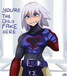 belt bodysuit crazy_eyes english green_eyes grin kingdom_hearts kingdom_hearts_chain_of_memories lightsource looking_at_viewer male_focus parted_lips pointing riku_replica silver_hair smile solo 