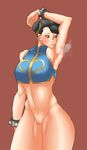  alternate_costume arm_up armpits black_hair blush bottomless breasts brown_eyes chun-li covered_nipples cowboy_shot double_bun eyeliner gold_steel hair_ribbon large_breasts makeup pussy ribbon short_hair smell smelling_armpit solo street_fighter street_fighter_zero_(series) studded_bracelet sweat thick_thighs thighs uncensored 