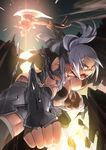  axe breasts cleavage glowing highres large_breasts open_mouth otoi_rekomaru phantom_of_the_kill ponytail silver_hair sketch solo sweat weapon yellow_eyes 