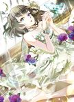  1girl barefoot blue_eyes brown_hair dress glass_slipper green_eyes heterochromia idolmaster idolmaster_cinderella_girls mole mole_under_eye short_hair solo takagaki_kaede 