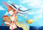  absurdres bad_id bad_pixiv_id bag beach bikini blush breasts cleavage cloud day green_eyes groin hand_on_headwear handbag hat highres holding hoshizora_rin love_live! love_live!_school_idol_project ocean open_clothes open_shirt outdoors red_hair shirt sky small_breasts smile swimsuit umeno unbuttoned unzipped water 