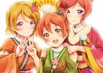  angelic_angel bare_shoulders brown_hair detached_sleeves fan folding_fan green_eyes hair_bobbles hair_ornament hoshizora_rin japanese_clothes kimono koizumi_hanayo love_live! love_live!_school_idol_project multiple_girls nishikino_maki orange_hair purple_eyes red_hair suito 