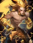  abs banned_artist blonde_hair brown_eyes collar commentary dragon_ball dragon_ball_z elbow_gloves electricity english_commentary facepaint gen_1_pokemon gloves humanization long_hair male_focus muscle navel nipples pants personification pikachu pokemon sakimichan shirtless smile solo spiked_collar spikes super_saiyan watermark web_address yellow yellow_gloves yellow_pants 