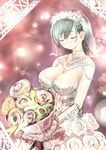  absurdres blush bouquet breasts bridal_veil bride cleavage closed_eyes dress flower gem gloves green_hair highres holding kantai_collection large_breasts lips shiabisu solo sparkle suzuya_(kantai_collection) veil 