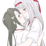 bad_id bad_pixiv_id blush brown_eyes brown_hair eye_contact green_eyes hachimaki hair_ribbon hair_rings headband hug imminent_kiss kantai_collection long_hair looking_at_another multiple_girls open_mouth ribbon shoukaku_(kantai_collection) silver_hair simple_background smile twintails udon_(shiratama) upper_body white_background yuri zuikaku_(kantai_collection) 