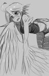  ahoge breasts feathered_wings feathers greyscale harpy monochrome monster_girl monster_musume_no_iru_nichijou no_hands papi_(monster_musume) scales sketch small_breasts smile solo tank_top whistle_frog wings 