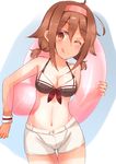  ;q absurdres ahoge ball bare_shoulders beachball bikini black_bikini breasts brown_eyes cleavage cowboy_shot hair_flaps hairband highres innertube kantai_collection kapatarou looking_at_viewer md5_mismatch medium_breasts navel one_eye_closed red_hairband shiratsuyu_(kantai_collection) short_hair short_twintails shorts solo swimsuit tan tanline tongue tongue_out twintails 
