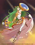  breasts dress fighting_stance full_body green_eyes green_hair jewelry kid_icarus kid_icarus_uprising long_dress long_hair medium_breasts metalhanzo neck_ring necklace palutena sandals shield side_slit single_thighhigh solo staff thighhighs tiara very_long_hair watermark white_legwear 