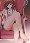  aqua_eyes bare_legs barefoot breasts brown_hair chair detached_sleeves feet foot gradient gradient_background green_eyes hand_in_hair headgear japanese_clothes kantai_collection kongou_(kantai_collection) legs long_hair looking_at_viewer mio_(di-cr) naughty_face pov_feet sitting smile thighs toenail_polish toes 