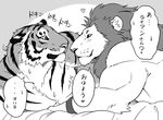  bed biceps chest_tuft feline fur giraffe_(artist) japanese_text lion male mammal muscles pecs text tiger tuft 