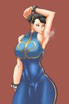  alternate_costume arm_up armpits black_hair breasts brown_eyes cameltoe chun-li covered_nipples cowboy_shot double_bun eyeliner gold_steel hair_ribbon large_breasts makeup ribbon short_hair smell smelling_armpit solo street_fighter street_fighter_zero_(series) studded_bracelet sweat thick_thighs thighs unitard 