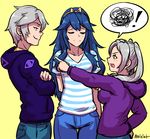  2girls akairiot blue_hair bow breasts brother_and_sister closed_eyes commentary contemporary crossed_arms denim dual_persona female_my_unit_(fire_emblem:_kakusei) fire_emblem fire_emblem:_kakusei hair_bow hairband hood hoodie jeans long_hair lucina male_my_unit_(fire_emblem:_kakusei) medium_breasts multiple_girls my_unit_(fire_emblem:_kakusei) pants pointing shirt short_hair siblings silver_hair smirk spoken_squiggle squiggle striped striped_shirt twins twintails 