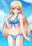  absurdres arm_at_side bikini blonde_hair blush clenched_hand hand_on_own_chest highres long_hair nakiri_erina purple_eyes sawwei005 shokugeki_no_souma standing swimsuit wrist_extended 