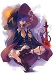  :o belt boots cat collarbone green_eyes hat highres hookah long_hair looking_at_viewer original purple_hair simple_background sitting smoke smoking solo usatsuka_eiji white_background witch witch_hat 