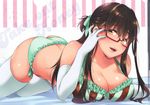 ass bikini breasts brown_hair character_request elbow_gloves glasses gloves highres large_breasts long_hair ribbon shouno_kotarou smile solo swimsuit thighhighs tri_tails yellow_eyes 