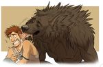  aerosocks anthro black_nose brown_hair canine clothing couple cute duo eyes_closed fangs hair human kissing licking licking_ear male mammal muscles nipples pecs saliva shirt size_difference surprise teeth tongue tongue_out were werewolf 