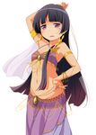  alternate_costume arabian_clothes arm_behind_head arm_up armlet belly_dancing black_hair bracelet commentary_request cowboy_shot flat_chest gokou_ruri gypsy highres jewelry long_hair looking_at_viewer mole mole_under_eye ore_no_imouto_ga_konna_ni_kawaii_wake_ga_nai purple_eyes simple_background solo suzumeko very_long_hair white_background 