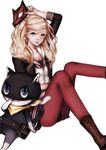  amepool bad_id bad_pixiv_id blonde_hair blue_eyes boots cat earrings jewelry long_hair looking_at_viewer mask mask_removed morgana_(persona_5) pantyhose persona persona_5 red_legwear simple_background sitting smile takamaki_anne twintails weapon white_background 